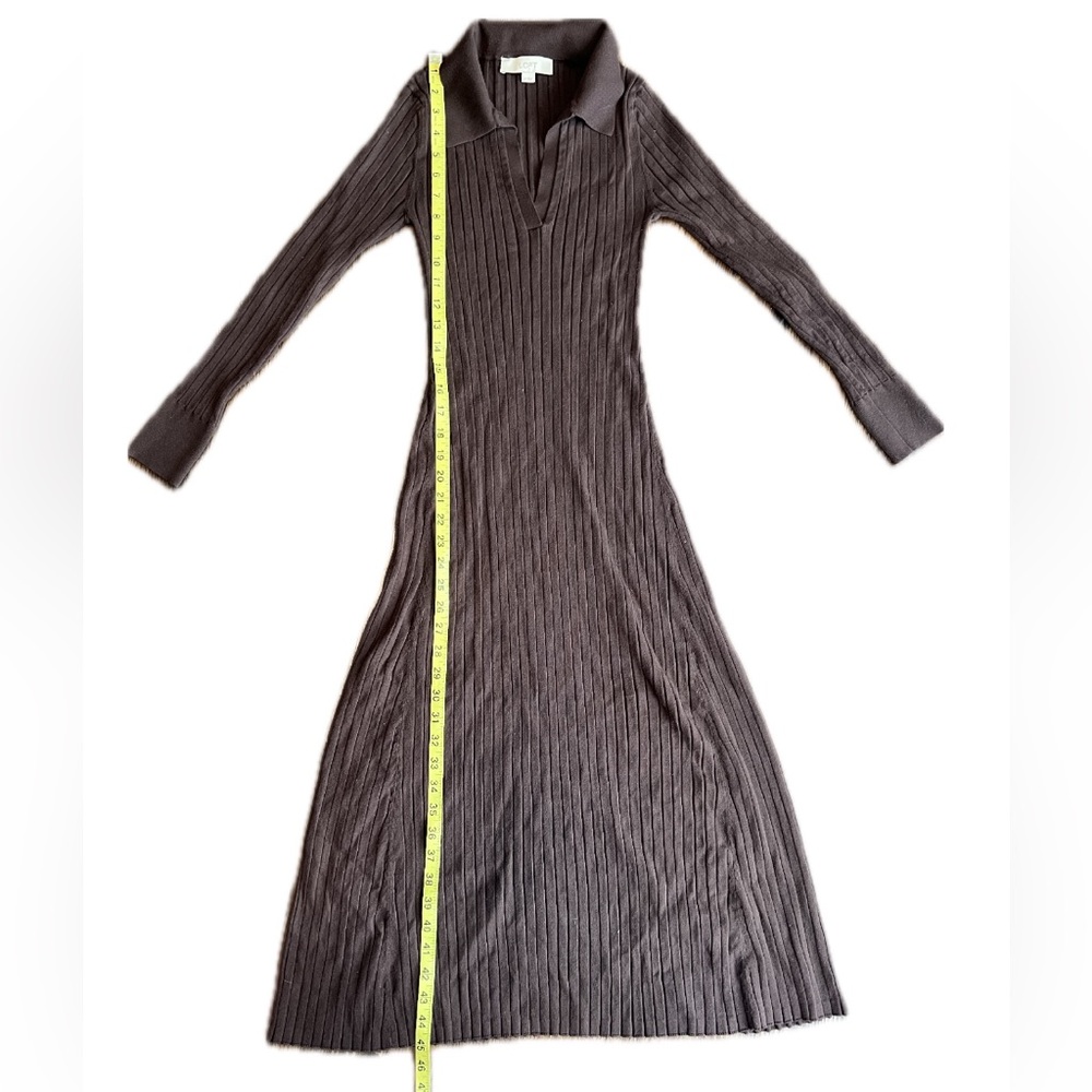 LOFT Chocolate Brown Ribbed Collared Polo Long Sleeve Knit Midi Dress M Medium - Picture 8 of 10